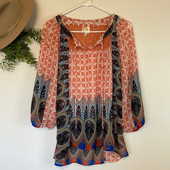 fig and flower Tops - fig & flower-Anthropologie Boho Bright Multicolored Mixed Media Blouse Size Med